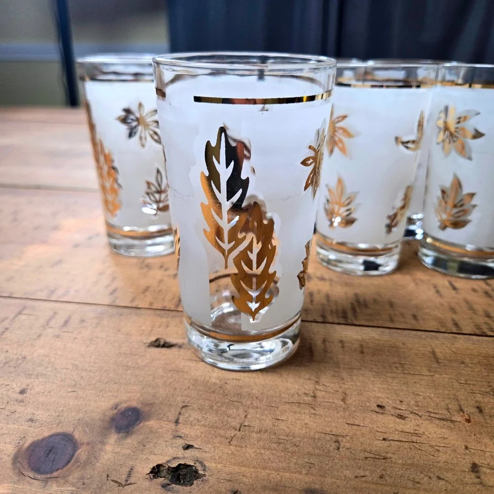 Vintage Libbey Golden Foliage Frosted Highball Glasses Set of 8 Brass Caddy MCM